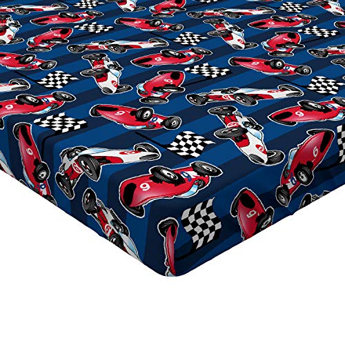 Ambesonne Cars Fitted Sheet, Vintage Racing Cars On Blue Stripes With Checkered Flags Automobile Sports, Soft Decorative Fabric Bedding All-Round Elastic Pocket, Twin Size, Navy Blue #TOP2