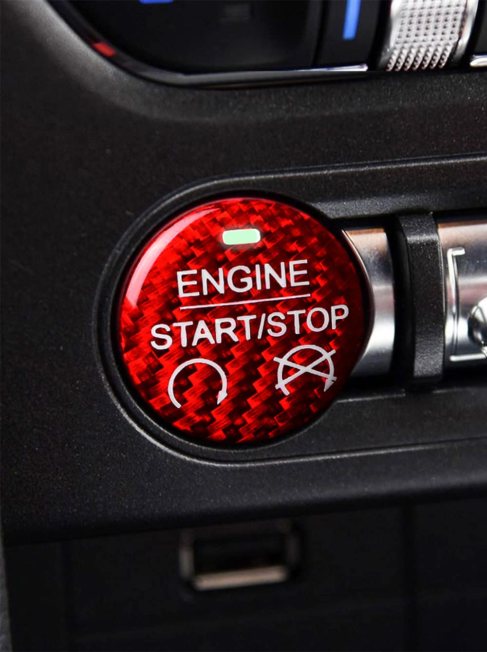 SANRILY for Ford Ignition Switch Cover Decals Automotive Trim Accessories True Carbon Fiber Red Engine Start Stop Button Cover Sticker for Ford Mustang 2015-2019