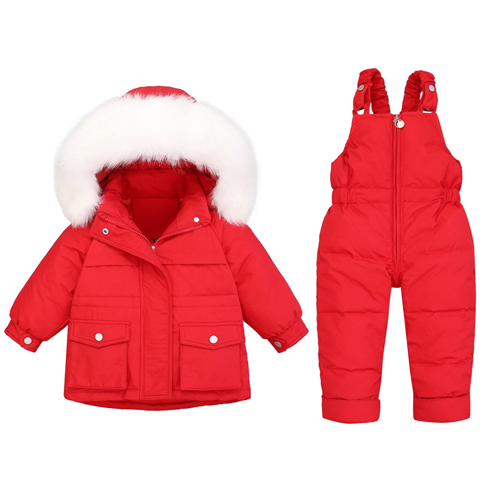 Girls Boys Winter Warm Puffer Hooded Puffer Jacket Coat and Pants Jumpsuit 2-Piece Snow Ski Down Coats Snowsuit Skisuit Set (Red, 12-18 Months)