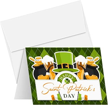 10 Happy St. Patricks Day Greeting Cards Colorful Pot of Gold, Green Cap, Pipe, Lucky Clover Irish Holiday Greetings, Invitations, Thank Yous, Gifts & Presents Envelopes Included 4.25 x 5.5