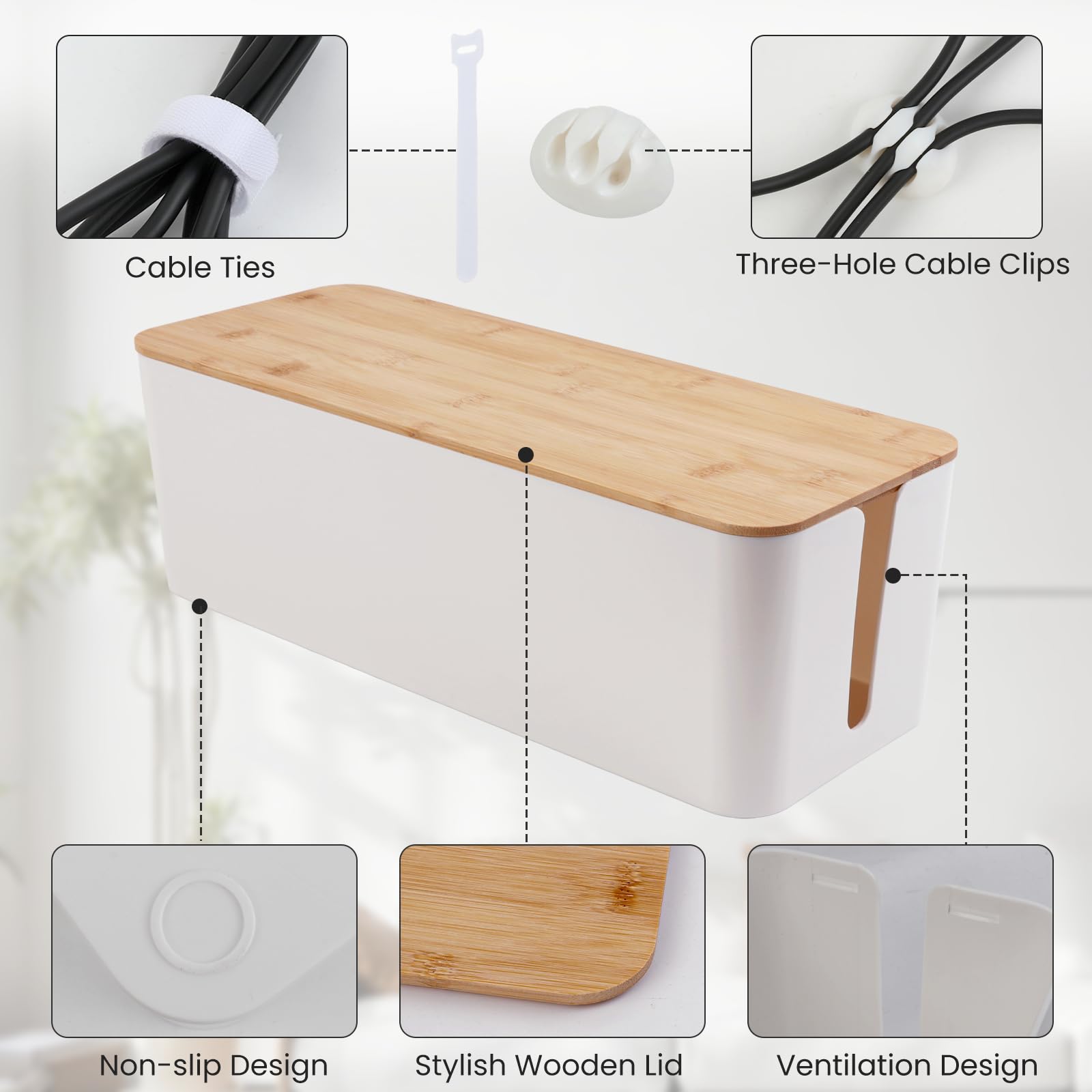 Paquete de 2 cajas de gestión de cables, caja organizadora de cables con tapa de madera para cables de TV, regletas de alimentación, router, concentrador USB y alimentación debajo del escritorio