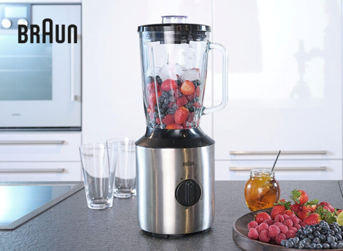 Braun Household PowerBlend 3 JB 3272 mikser stojący – szklana nasadka do miksowania 1,5 l, pomocnik kuchenny do rozdrabniania, przecierania i miksowania, w zestawie 2 butelki Smoothie2Go, 800 W, stal