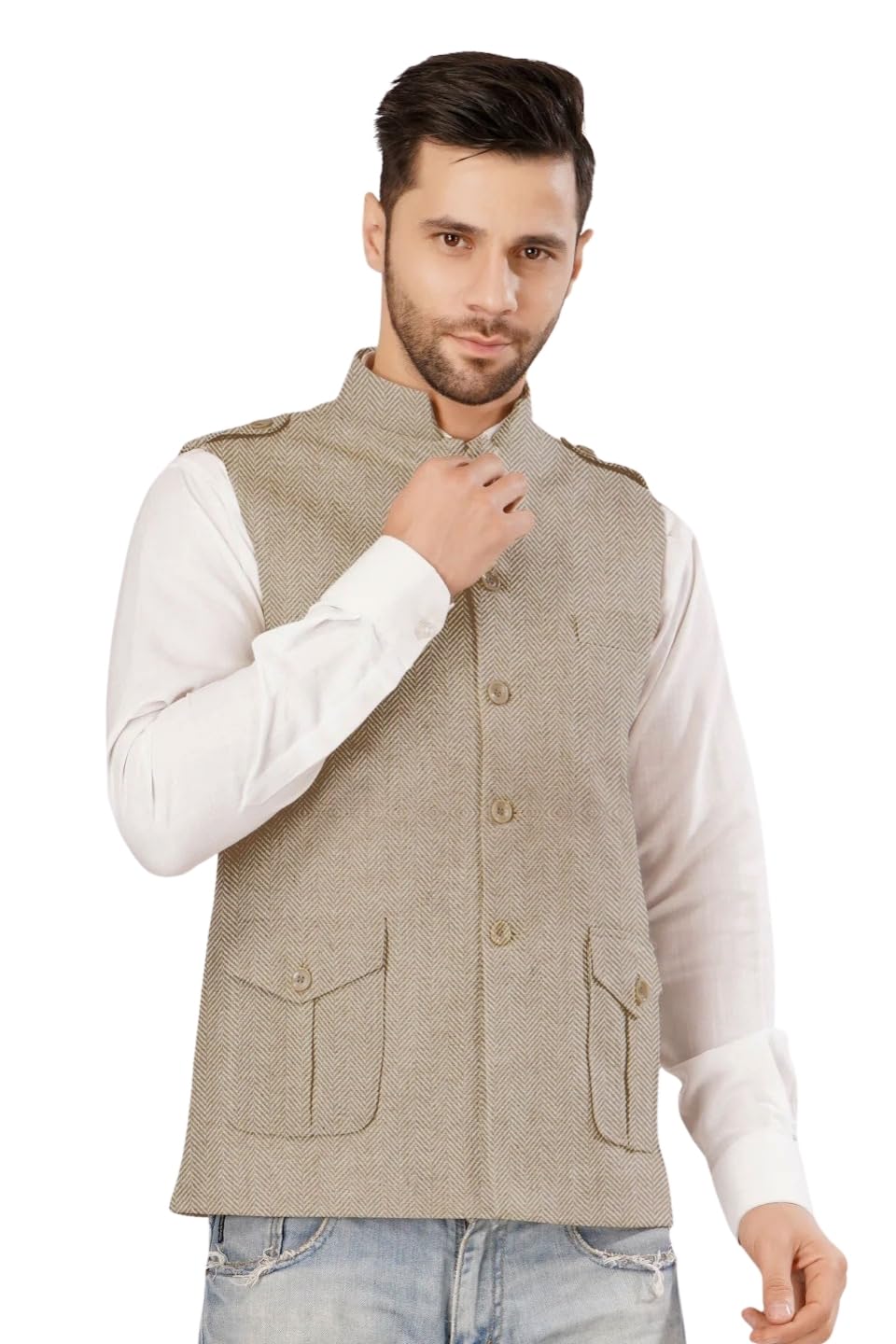 Rangriti Mens Tweed Wool Blend Modi Nehru Jacket in neutral
