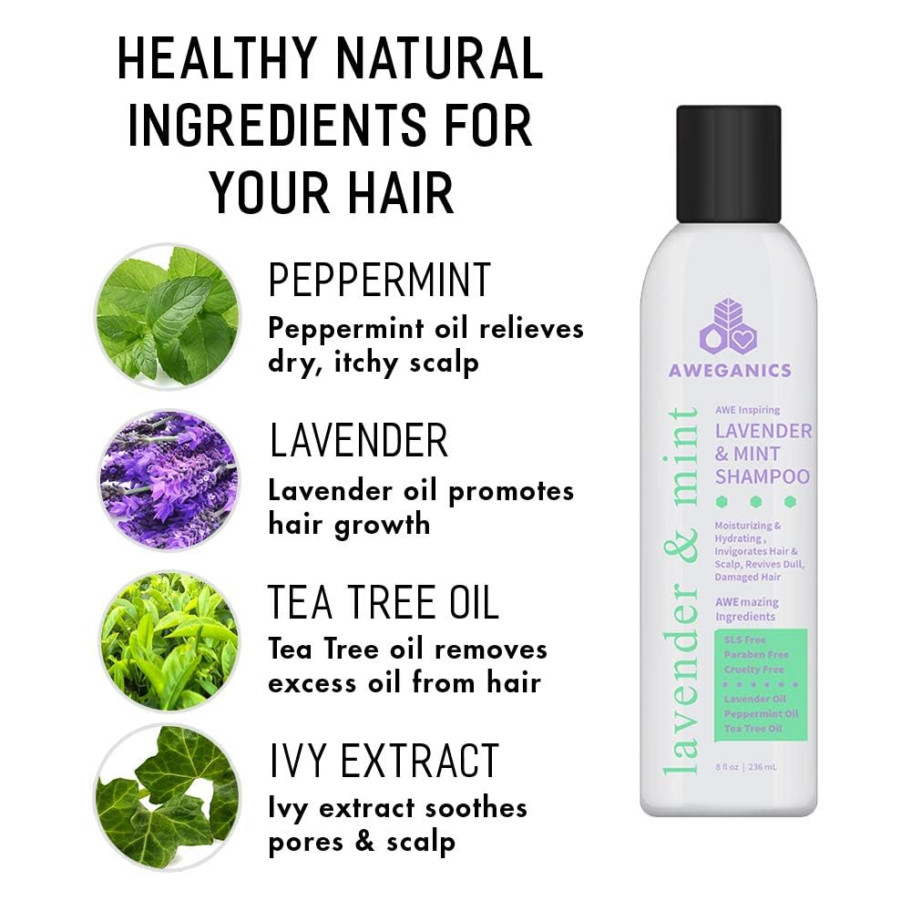 Lavender Mint Hair Shampoo - Inspiring Natural Aromatherapy Invigorating Purple Shampoos - Hydrating, Cleansing, Moisturizing - Paraben-Free, Cruelty-Free, Peppermint, Tea Tree