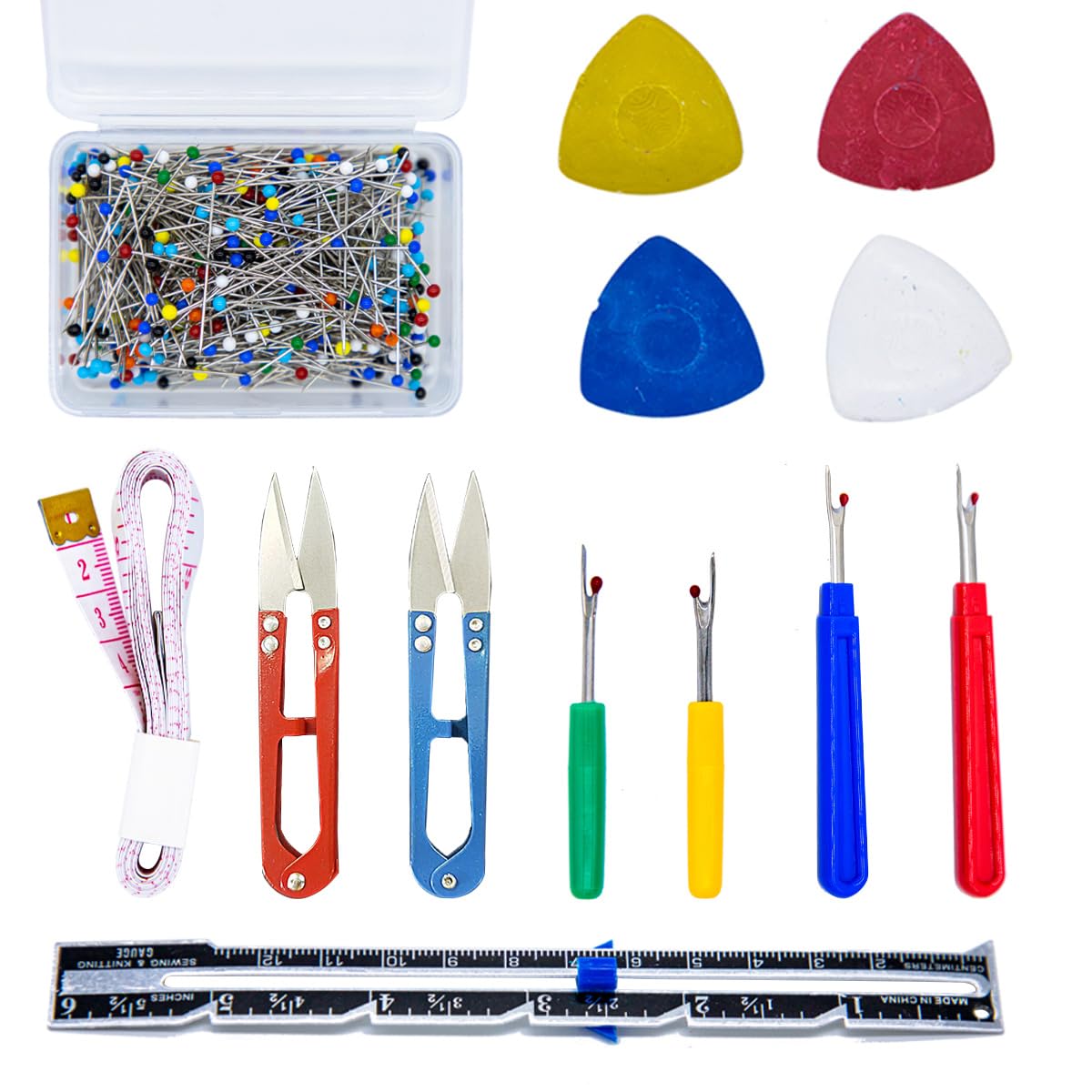 Tutuxio 518-teiliges Nähwerkzeug-Set, 10 professionelle Schneiderkreide, 1 Gleitlehre, 4 Nahttrenner mit 500 Quilt-Nähnadeln, 2 Schere, 1 weiches Lineal