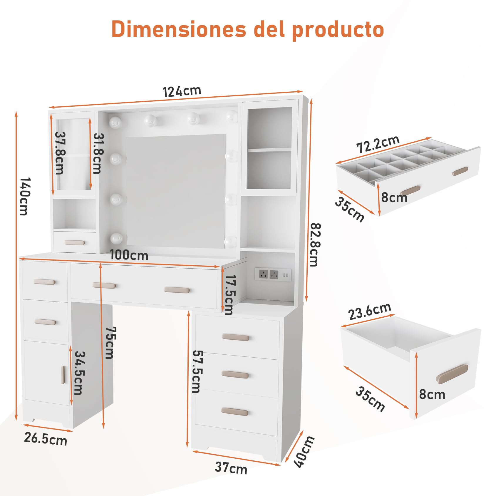 Tocador con Espejo y Luces, Mesa de Maquillaje Grande de 124 cm con 7 Cajones y 3 Armarios, Tocador con Enchufe Integrado y Puertos USB, Tocador Dormitorio, Blanco