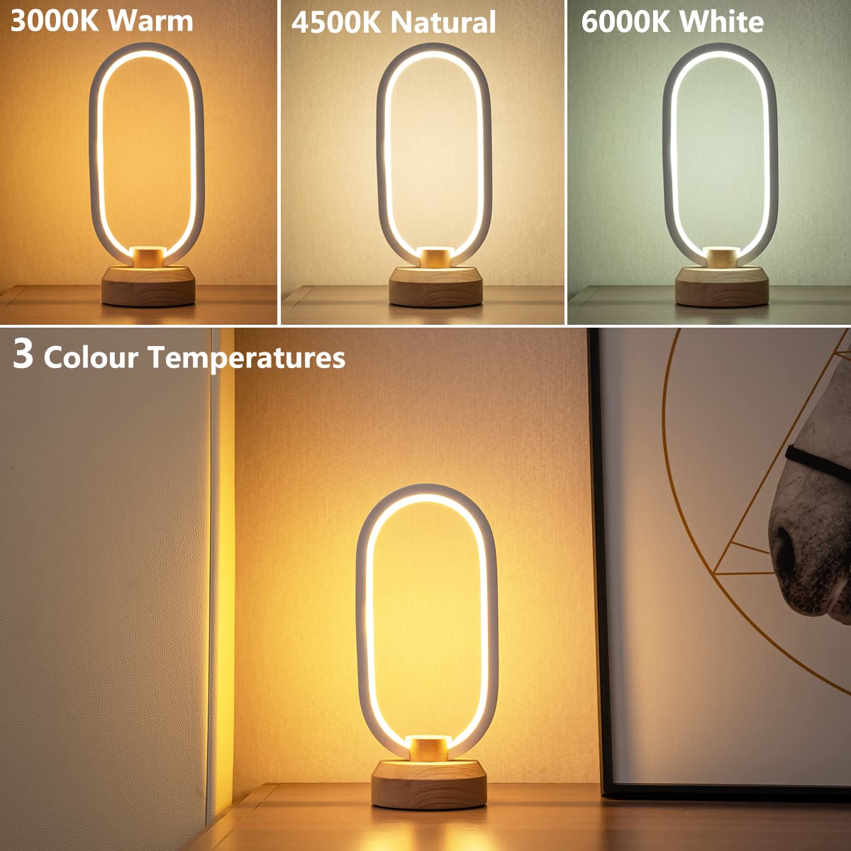 BASRAE Small LED Table Lamps,Modern Nightstand Lamps,Oval Bedside Lamp,Table Light,3 Colour Changing Desk Lamp,Dimmable Wood Warm Lights for Bedroom Living Room Kids Room Home,5 Brightness Levels - Image 3