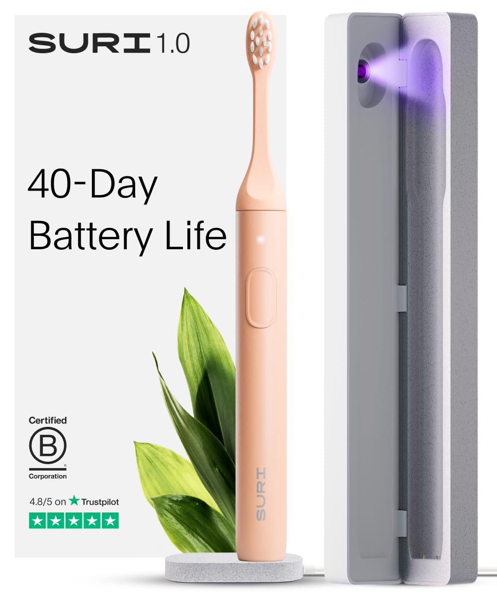 SURI 1.0 Sonic Electric Toothbrush with UV Cleaning Travel Case |1 Month+ Battery | Designed in California | Electric Toothbrush for Adults | Travel Toothbrushes | Tooth Brush | Pink