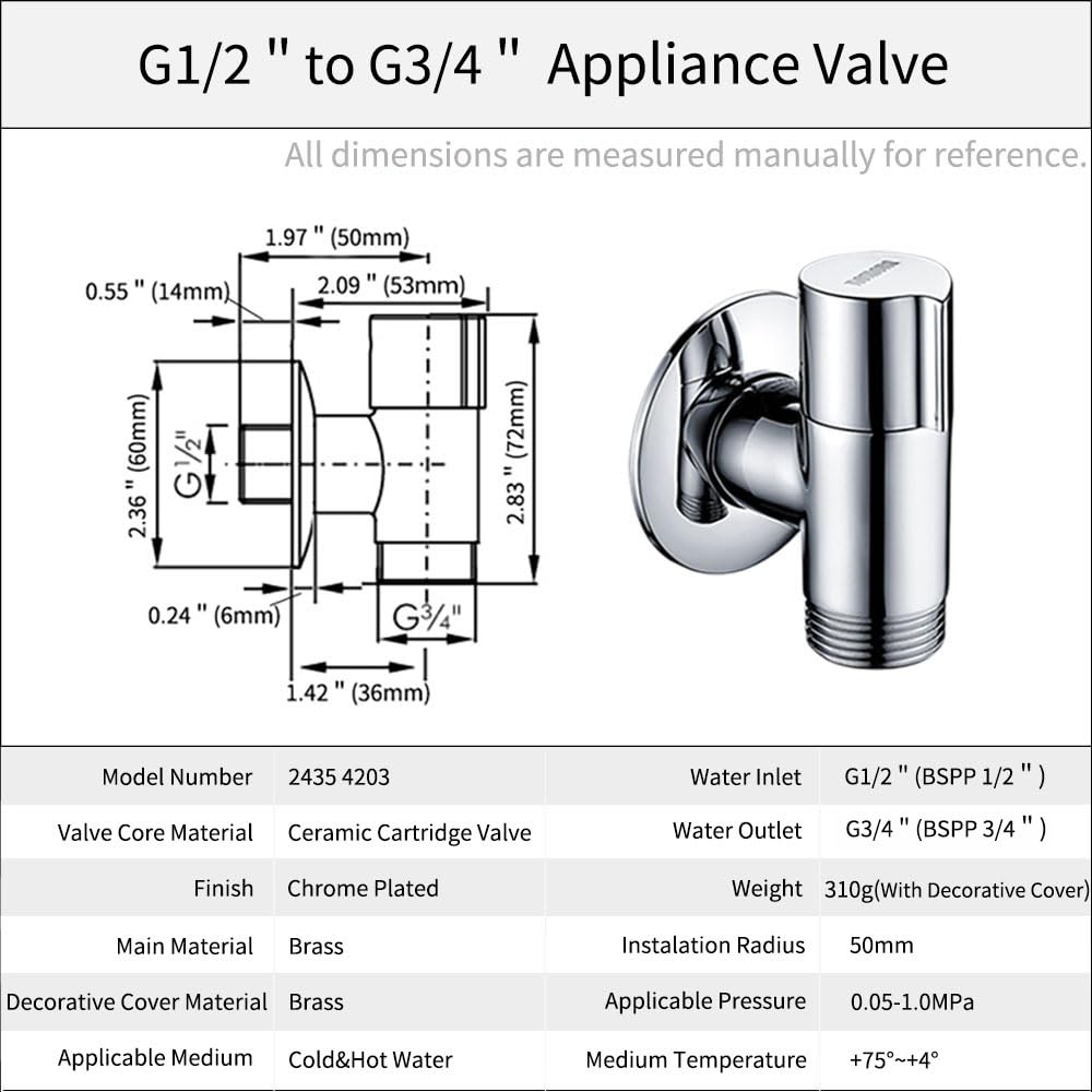 Appliance Valve - Válvula de esquina de pared para lavavajillas, conexión de agua G1/2" a G3/4" (cromado)