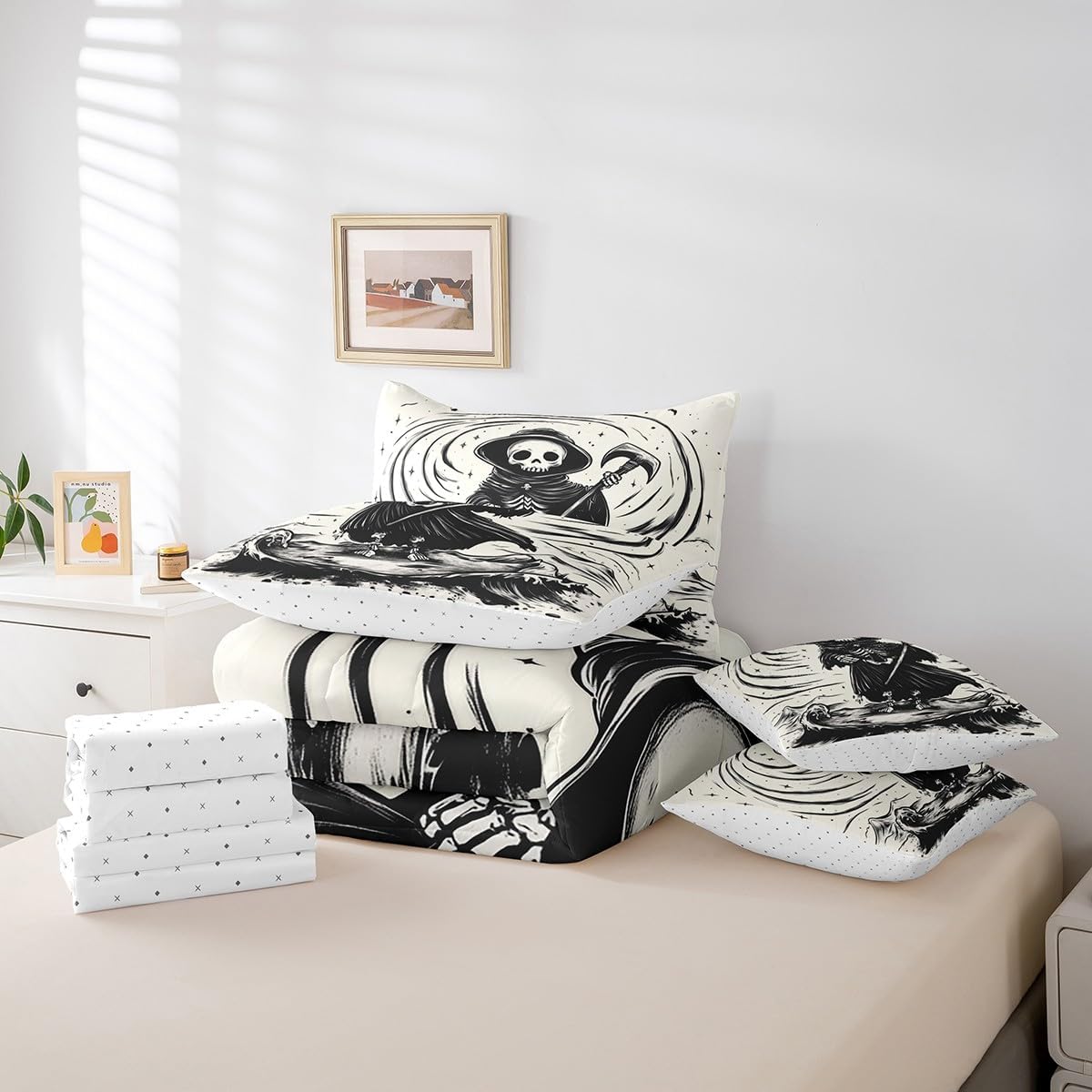 jejeloiu Sugar Skull Comforter Set Queen Size 7 Pieces Halloween Theme Bedding Set Skull Pattern Skeleton Design Gothic Bones Style Bed in a Bag with Comforter, Sheets, Pillowcases & Cushion Cover