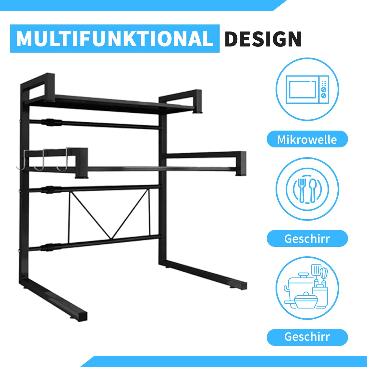 Fleau Home Mikrowellenschrank – Regal für Mikrowelle – Küchenregal – Arbeitsplatten-Organizer – Küchenaufbewahrung – verstellbares Mikrowellenregal – Ofenregal – Metall – Schwarz