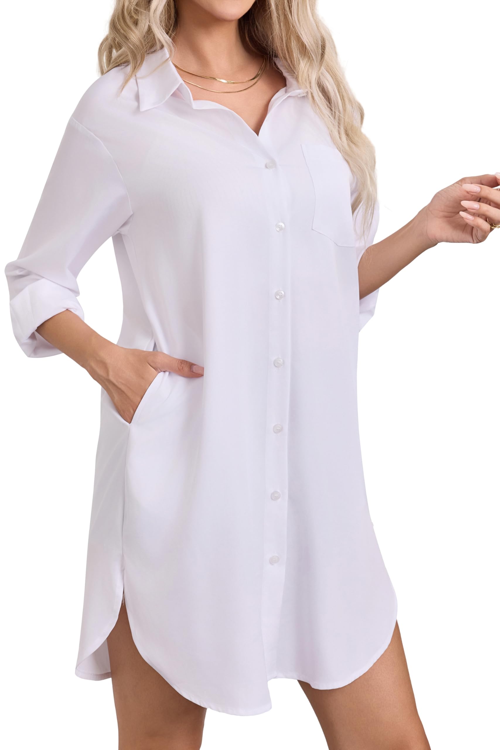 Enmain Chemise Femme Manches Longues Boutonnée Chemisier Robe Longue Blouses en Coton Décontractées avec Poches