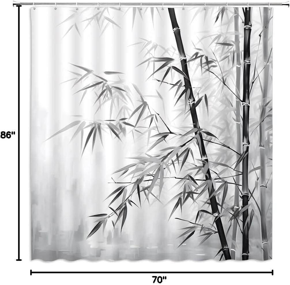 Asian Bamboo Shower Curtain Ink Painting Grey Black Leaves Chinese Japanese Rustic Vintage Watercolor Bathroom Decor Curtains Set with Hooks, 70" x 86"