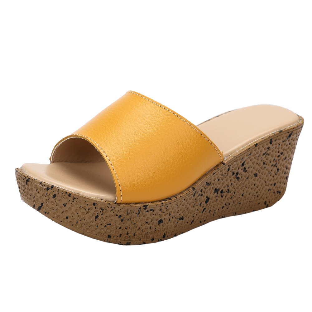 fereshte Women's Leather Open Toe Wedges Slide Platform Sandals Yellow 38 - US 7