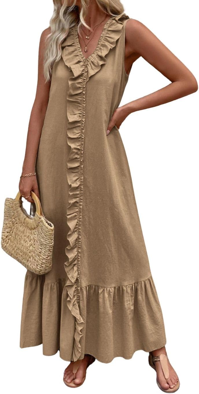 Summery beach cotton Boho tiered ruffle maxi sundress dress.