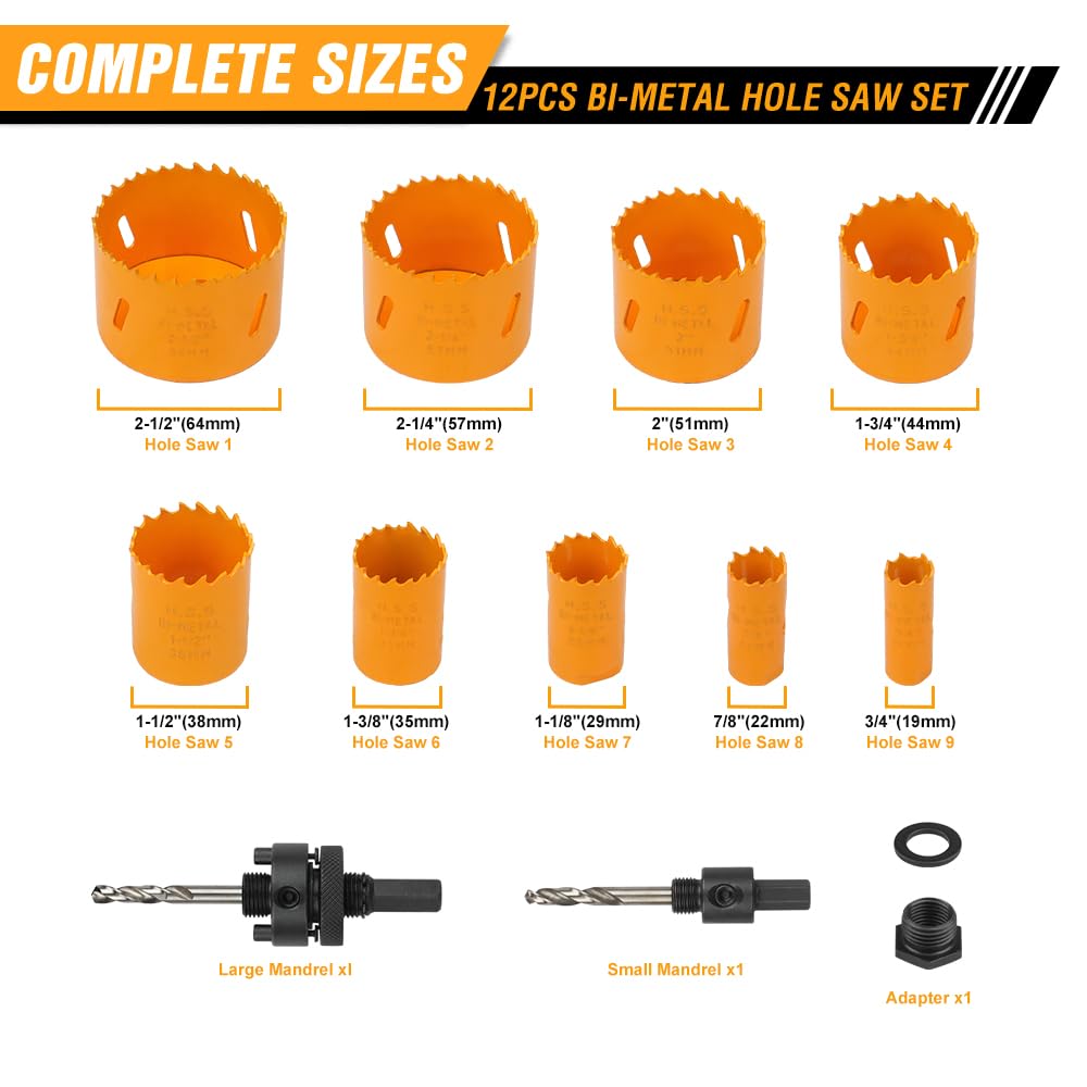 Hoteche 12-Piece Bimetal Hole Saw Kit, M3 Material with 9 Sizes (19-64MM), 2 Mandrels & Adapter Nut, Color Box + Plastic Case