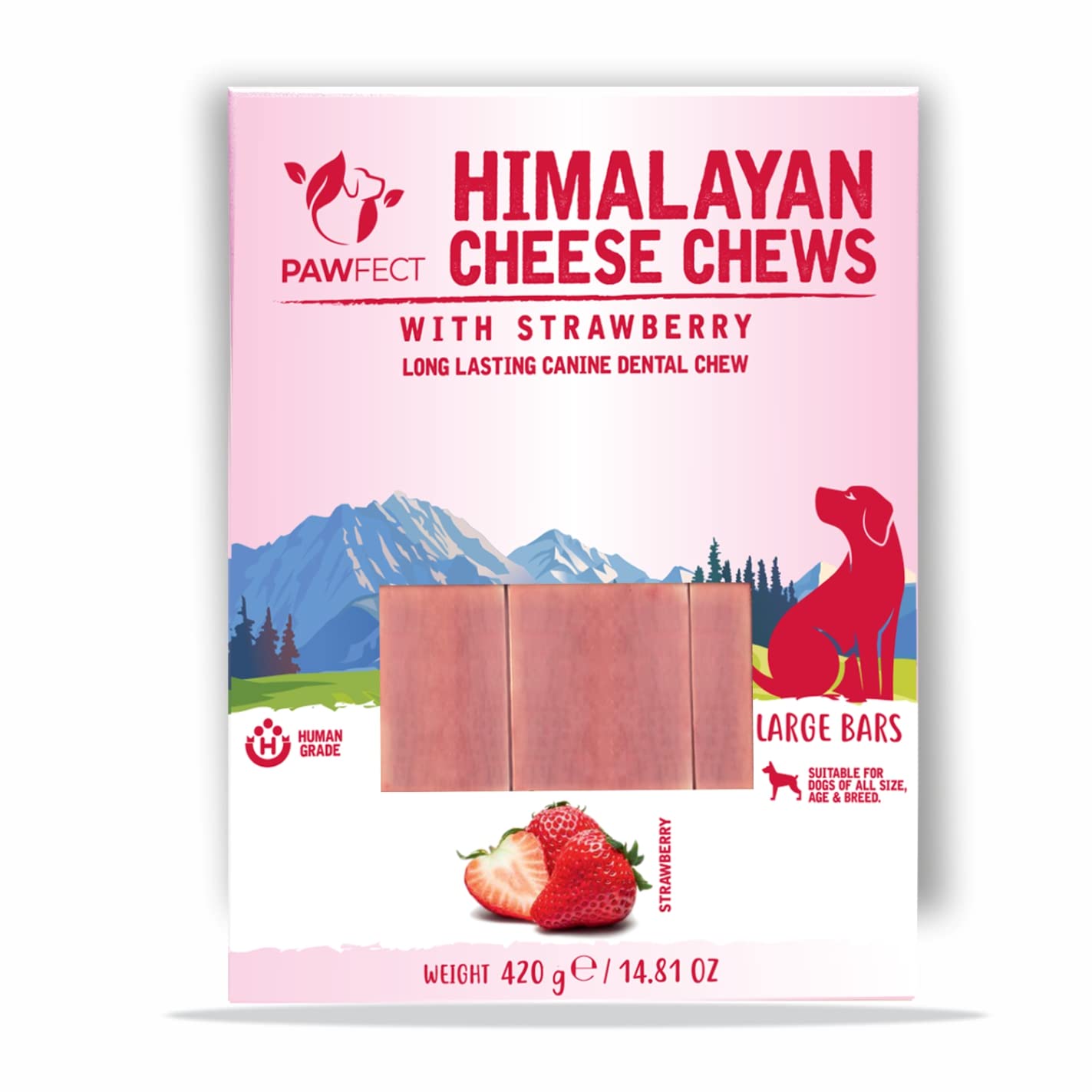 Pawfect Himalayan Cheese Chews with Strawberry for Large Dogs| 100% Natural Dental Stick| Cleans teeth| Removes Plaque and Tartar|High protein| Grain-free | Long lasting chew |Pack of 3 (420g/14.81oz)