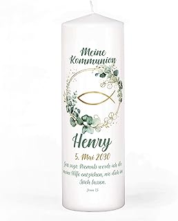 Striefchen® Personalisierte Kommunionkerze mit Fisch & Eukalyptus – Kerze zur Erstkommunion mit eigenem Text – Taufkerze in 2 Größen (L (8 x 25 cm))