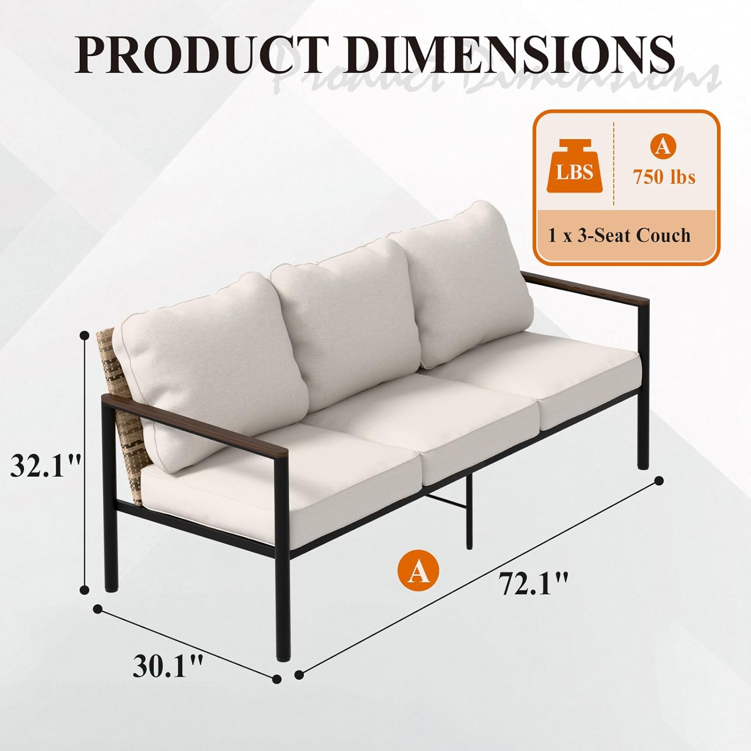 Cabana Chic Modern Wicker Outdoor Patio Sofa, 3 Seat Couch for Deck, Poolside, Backyard and Patio, Brown/Beige