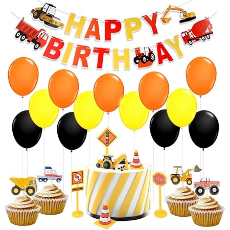 Amazon Co Jp 子供誕生日パーティー用品 建設車 Happy Birthdayバナー Carカップケーキトッパー カラフルな風船 男の子 子供 誕生日パーティー 装飾 100日お祝いパーティー 出産祝いパーティー用品 47枚セット おもちゃ