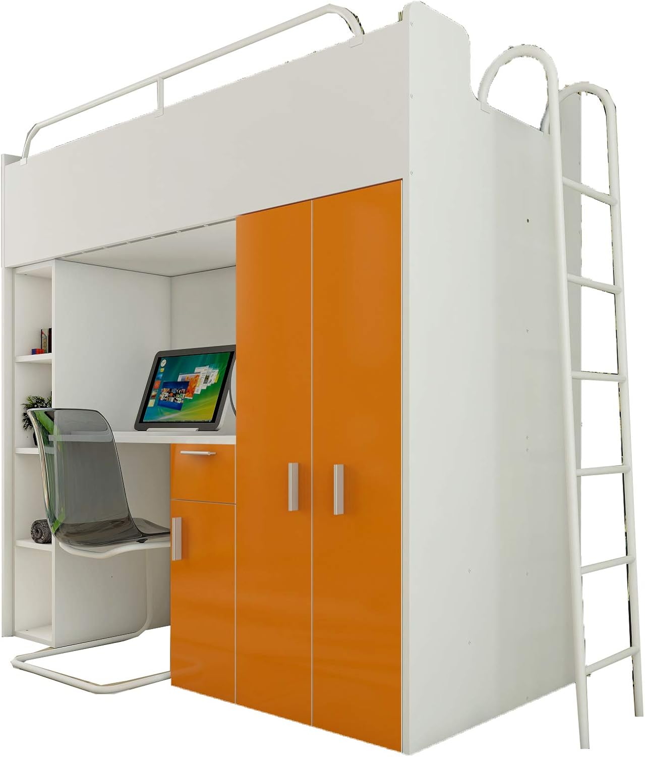 Cabin Bed High Sleeper Modern Set with Wardrobe Desk Ladder Mattress Functional Design JESSIE 4D