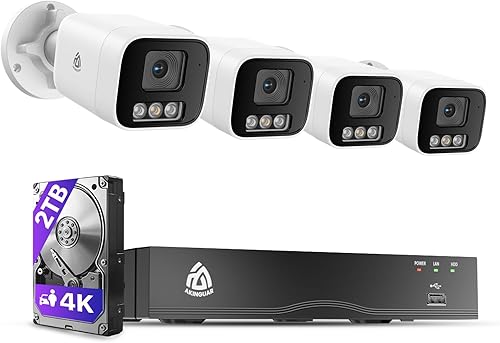 Sistema de cámara de seguridad para el hogar 4K, NVR de 8 canales con disco duro de 2 TB + 4 cámaras IP PoE de 8 MP para exteriores con detección de