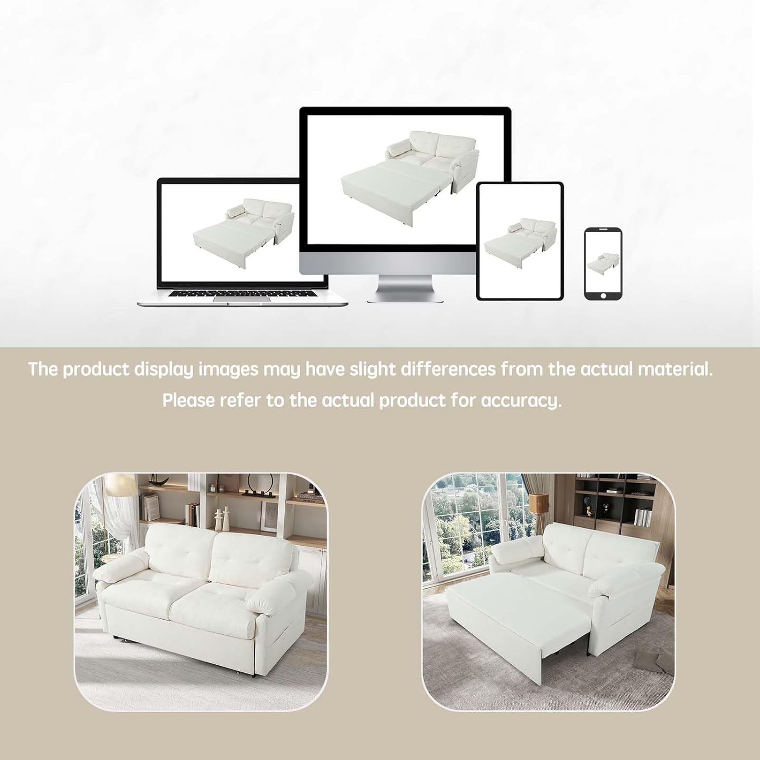 Queen Sofa Bed, Convertible Pull Out Futon Couch with Thicked Cushions, Chenille 3-in-1 Convertible Sleeper Couch with Side Storage, for Living Room,Bedroom,Apartment,Office (Beige, Queen)