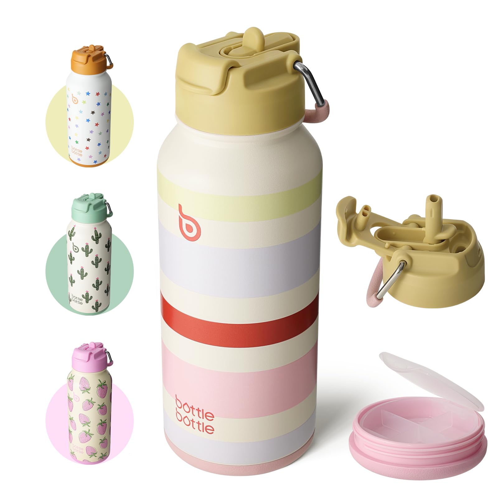 bottlebottleInsulated Water Bottle 950ml(32oz) Stainless Steel Sports Water Bottles with Straw Dual-use Lid Drink Flask Design for Gym with Pill Box (AuroraBands)