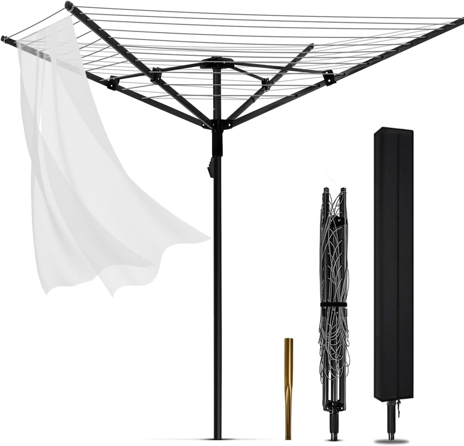 Rotary Washing Line, 4 Arm 50M Folding Clothes Airer Outdoor with Ground Spike & Cover Heavy Duty Adjustable Height Clothes Drying Rack for Laundry Outdoor Garden