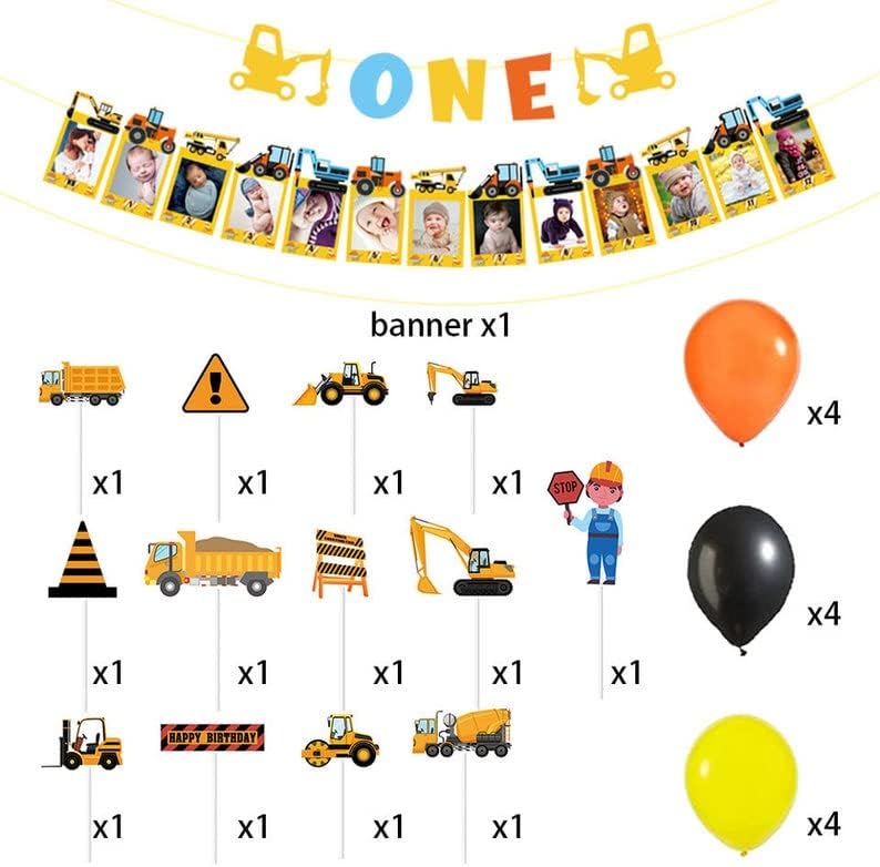 Miniatura 2 de Juego de decoración de fiesta de primer cumpleaños de construcción, paquete de suministros de fiesta de construcción de un niño, tema de primer