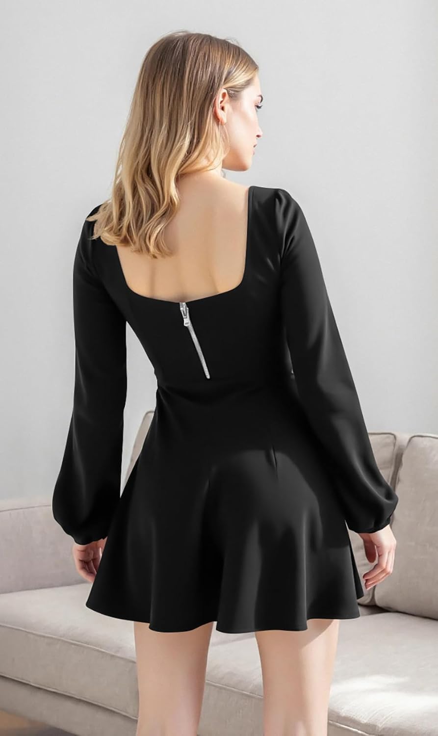 GOBLES Women's Elegant Long Puff Sleeve Square Neck Bodycon Mini Party Dress - Image 6