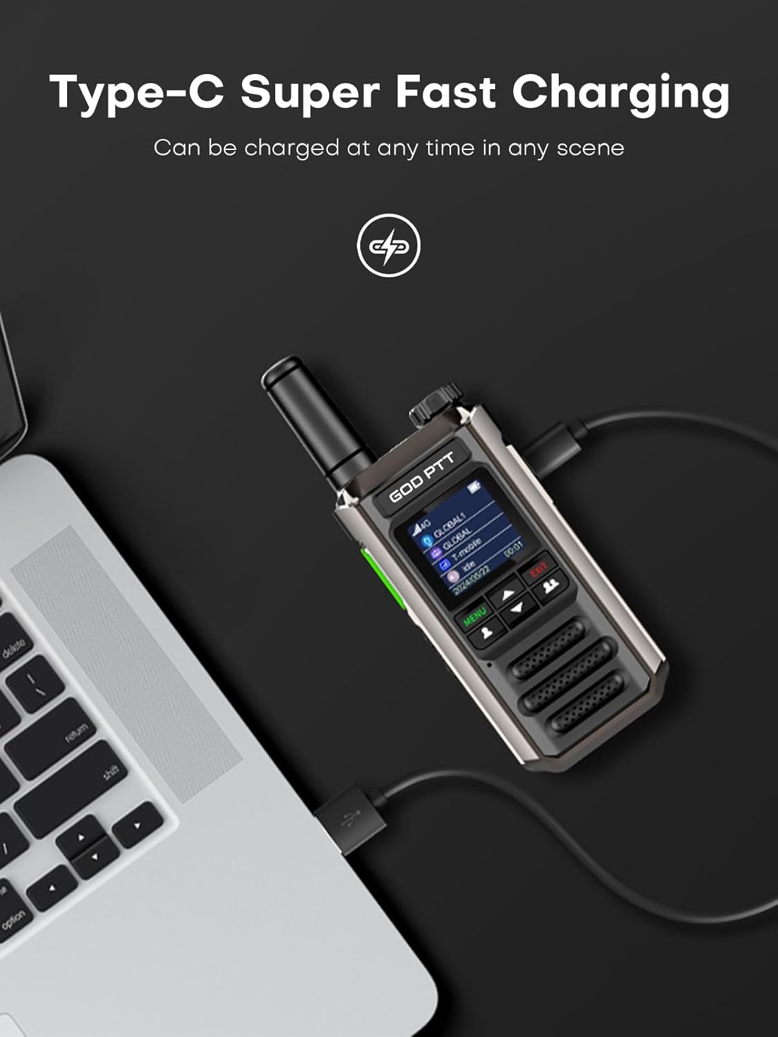 A GODPTT H18 walkie-talkie connected to a laptop via a Type-C cable for charging.