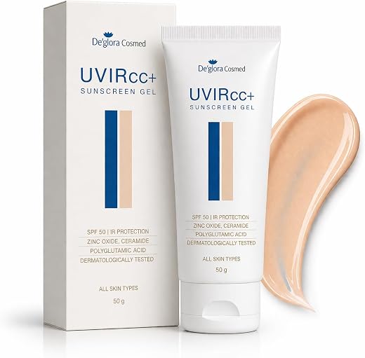 Deglora UVIR CC+ Colour Correction Sunscreen with Instant Glow SPF 50 PA++++ | Tinted Sunscreen Gel for Face | Zinc Oxide,...