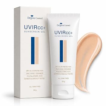 Deglora UVIR CC+ Colour Correction Sunscreen with Instant Glow SPF 50 PA++++ | Tinted Sunscreen Gel for Face | Zinc Oxide, Ceramide & Polyglutamic Acid | Oil-Free Matte Finish, No White Cast | Broad Spectrum UVA/UVB Protection | 50 g