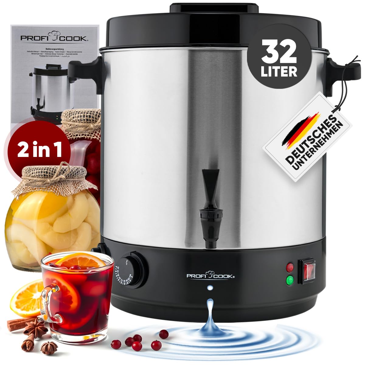 ProfiCook® 2en1 máquina para hervir y bebidas calientes | depósito de 32L | función mantener caliente | 2100W | 30°C - 100°C | hervidor de acero inoxidable | con grifo de vaciado | PC EKA 1283