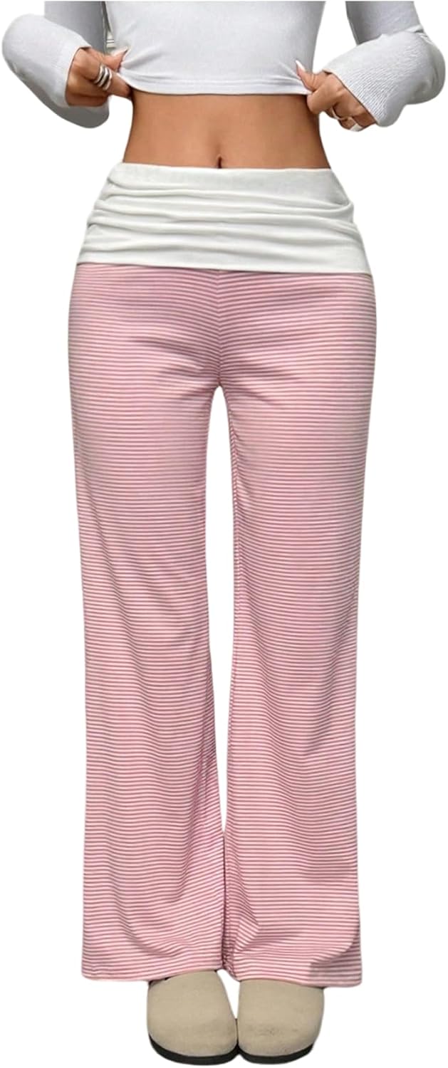 SHENHE Women's Fold Over Yoga Pants Low Rise Straight Leg Y2k Striped Lounge Casual Pants