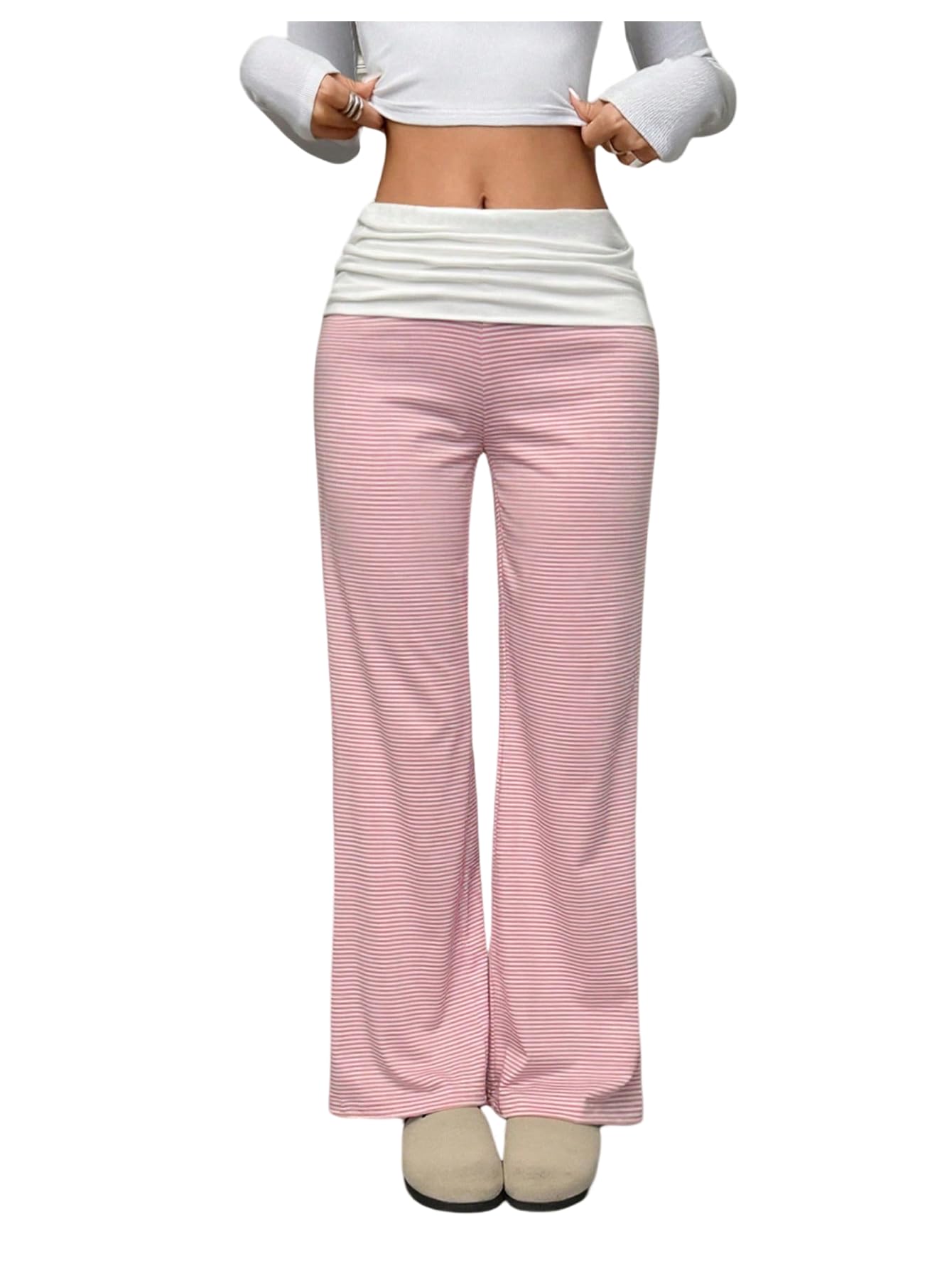 Milumia Womens Y2k Color Block Striped Pants Fold Over Low Rise Casual Lounge Trousers