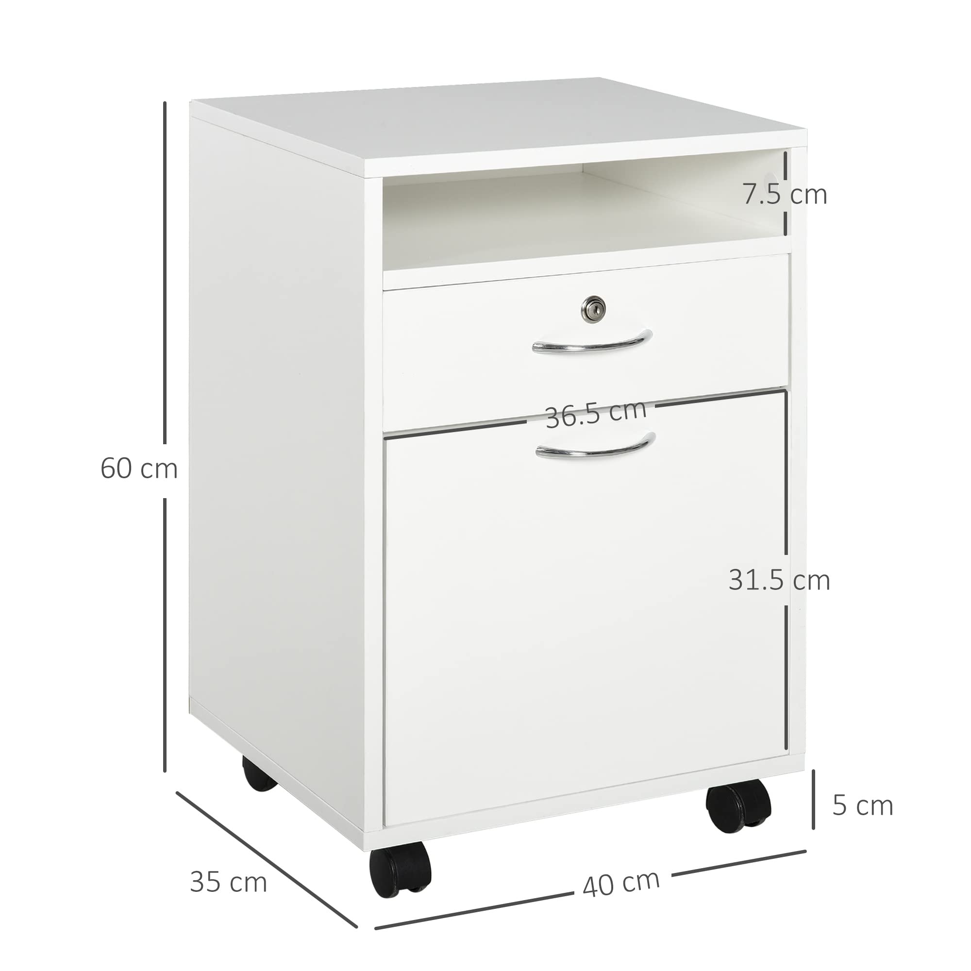 Cassettiera Ufficio in Legno con 2 Chiavi Cassetto Armadietto e 4 Ruote 40x35x60cm
