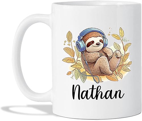 Taza de café con diseño de perezoso con diseño de animales, regalo para amantes de la música, amantes de los animales, bonita taza de cerámica de