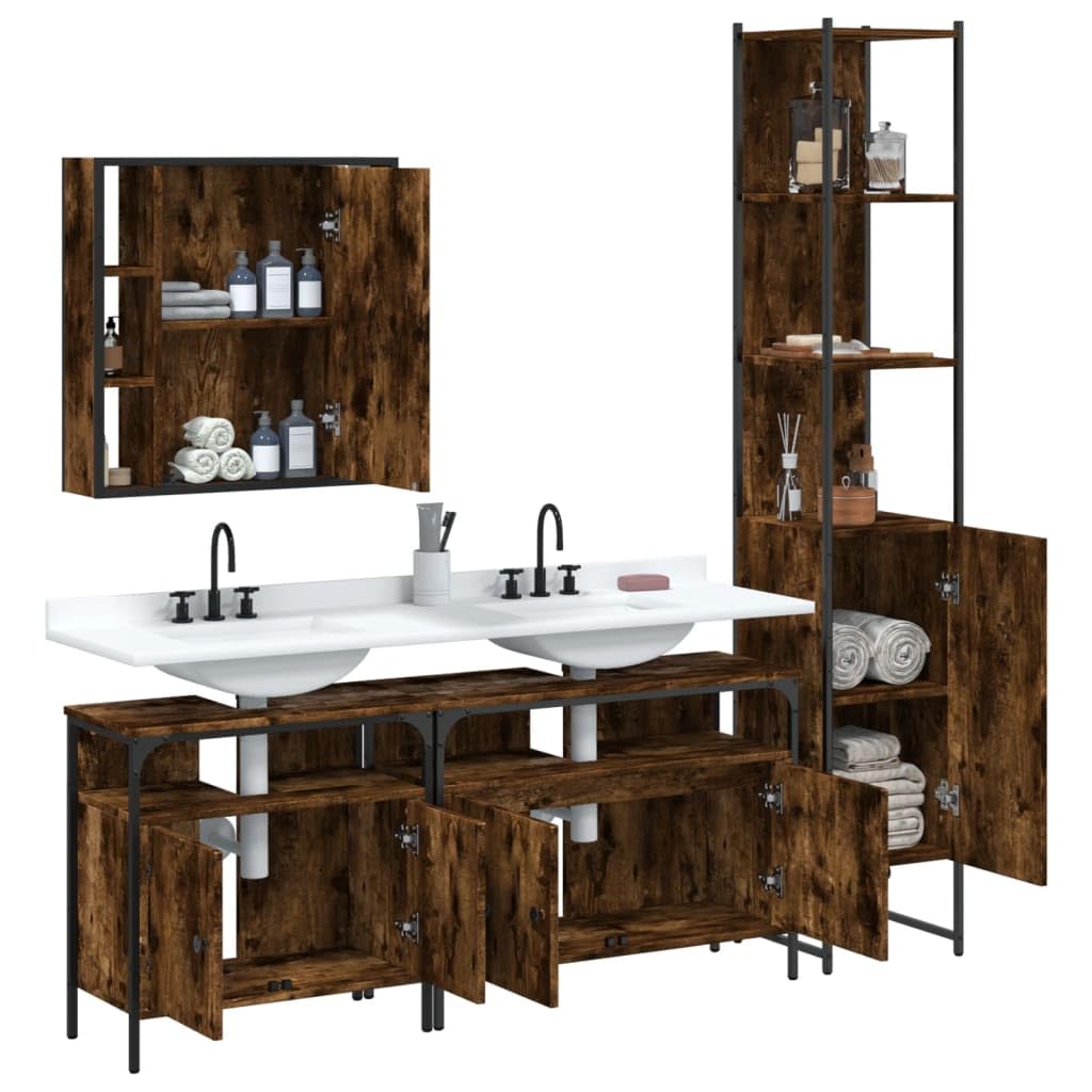 Juego de muebles de baño de madera ahumado de 4 piezas | Acero con recubrimiento en polvo, patas ajustables, espejo con estante, incluye soporte de pared