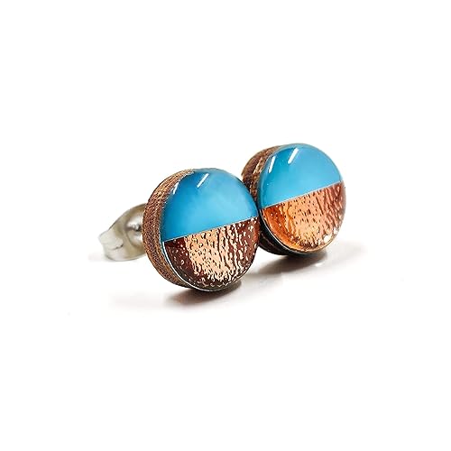 Miniatura 3 de Two Toned with Faux Hammered Metal 10mm Stud Earrings, Handmade, Posts for Sensitive Ears Stud for Women Men Girls (Desert Turquoise and Rose Gold