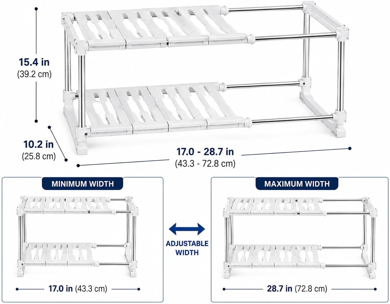 Under Sink Organizer 2-Tier Expandable Shelf Kitchen Bathroom Cabinet Multi-pourpose Storage Standing Rack, White image 3