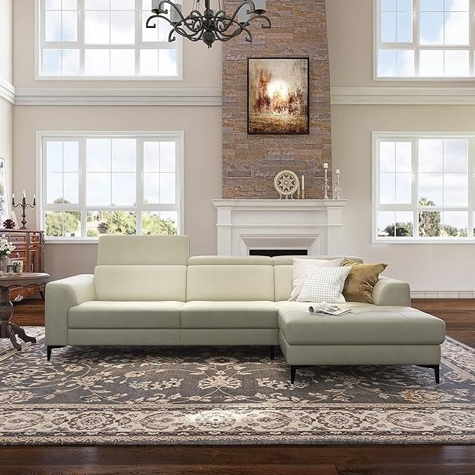 H HESTINYSUS 109' Modern Top Grain Leather Sectional Sofa, L-Shaped Couch with Adjustable Headrests, Chrome Legs - Includes Free White Glove DELIVERY (Room of Choice + Assembly)