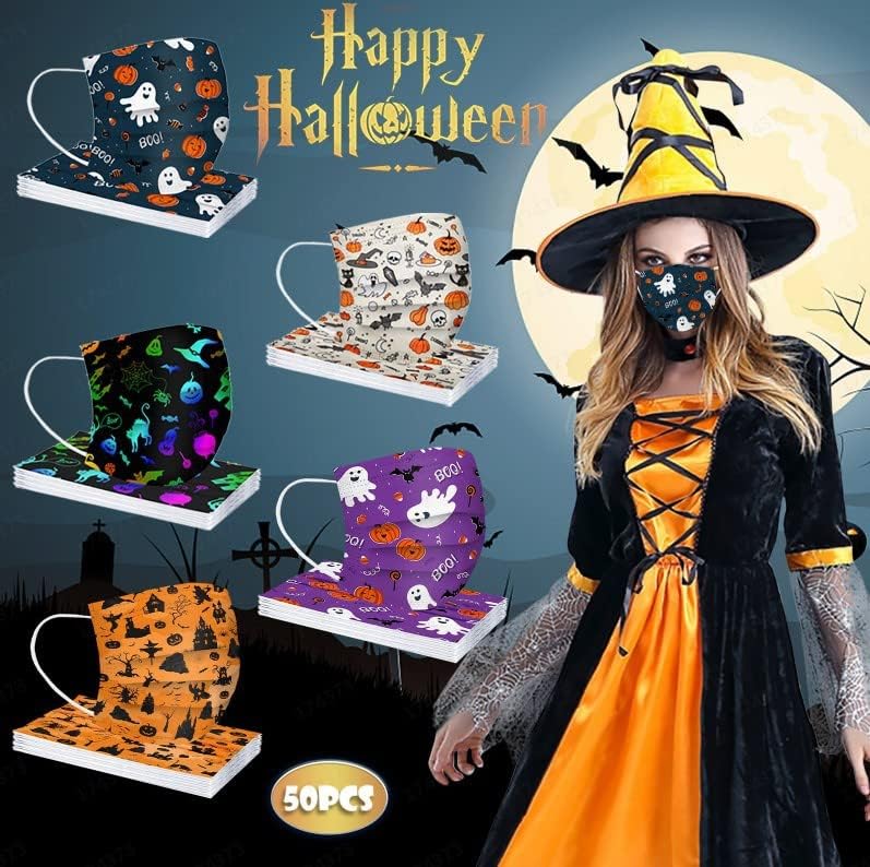 WAWEOOP Halloween Disposable Face Cover for Adults,Pumkin Witchs Printed Pattern Designs with Nose Wire,50Pcs (#Halloween 2)