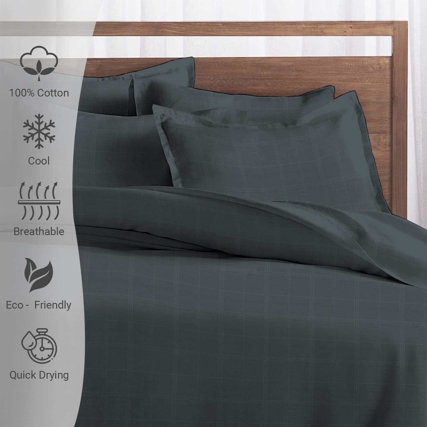 Pizuna 300 Thread Count Cotton Checked Double Duvet Cover Set Anthracite Grey, 100% Long Staple Cotton - Image 2