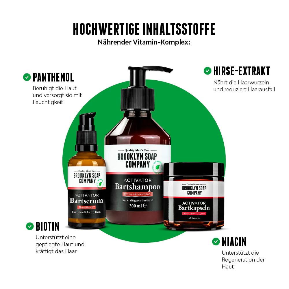Brooklyn Soap Company Activator Beard Bundle Pro zestaw do porostu brody z szamponem do brody, serum do brody, wałkiem do brody i 60 kapsułkami dla gęstszego wzrostu brody i brody
