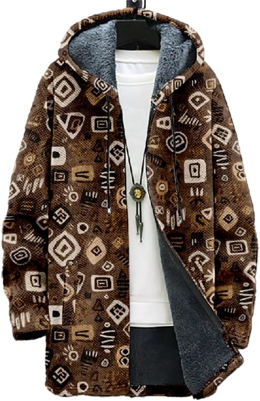 Mens Cardigan Sweatshirt Vintage Print Zip Up Fleece Sherpa Lining Hooded Jacket Warm Winter Long Coat with Pocket