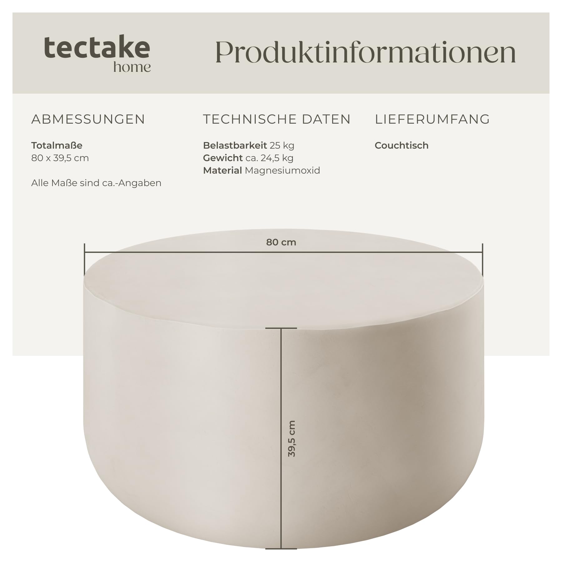 tectake® Couchtisch rund, Beistelltisch für in- und Outdoor, runder Side Table als Wohnzimmer oder Balkon Möbel, als Coffee Table, Gartentisch, Couch Tisch, Aesthetic Room Decor - weiß
