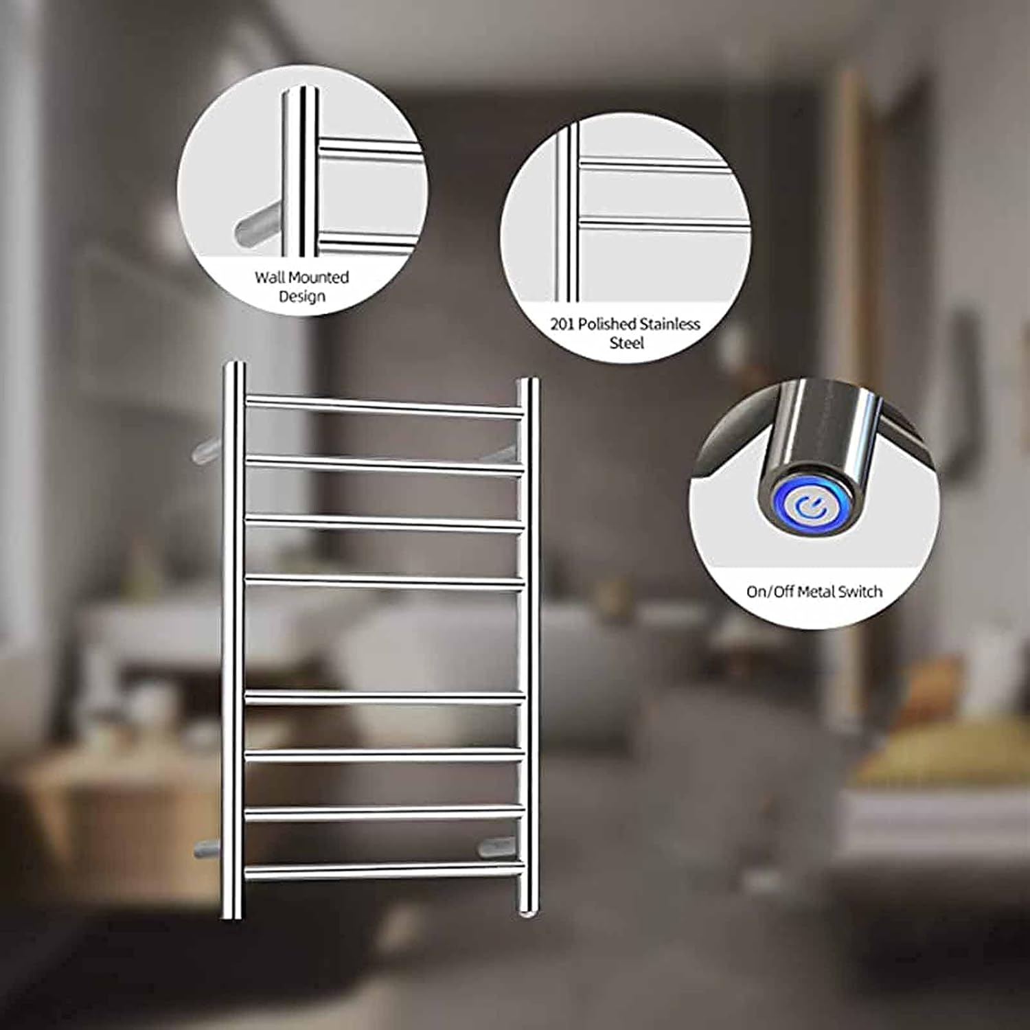 Towel Warmer Electric Bathroom Radiator, 8 Bar Plug-in/Hardwired Curved Bath Towel Heater Brushed, Hot Towel Warmer for Bath Heated Drying Rack,Hardwired (Plug in)