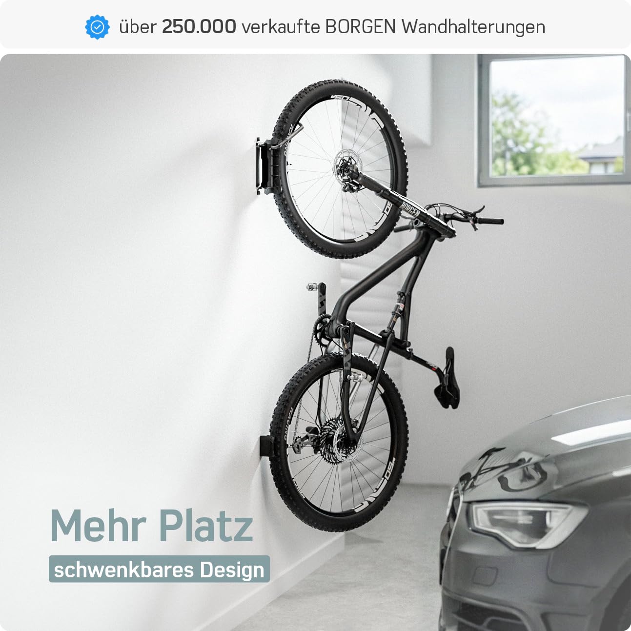 Borgen Fahrrad Wandhalterung Schwenkbar bis 35kg - Platzsparende Fahrradhalterung Wand Vertikal - Inkl. Fischer DuoPower Dübel zur stabilen Montage - Plastikfreie Verpackung, hochwertige Materialien